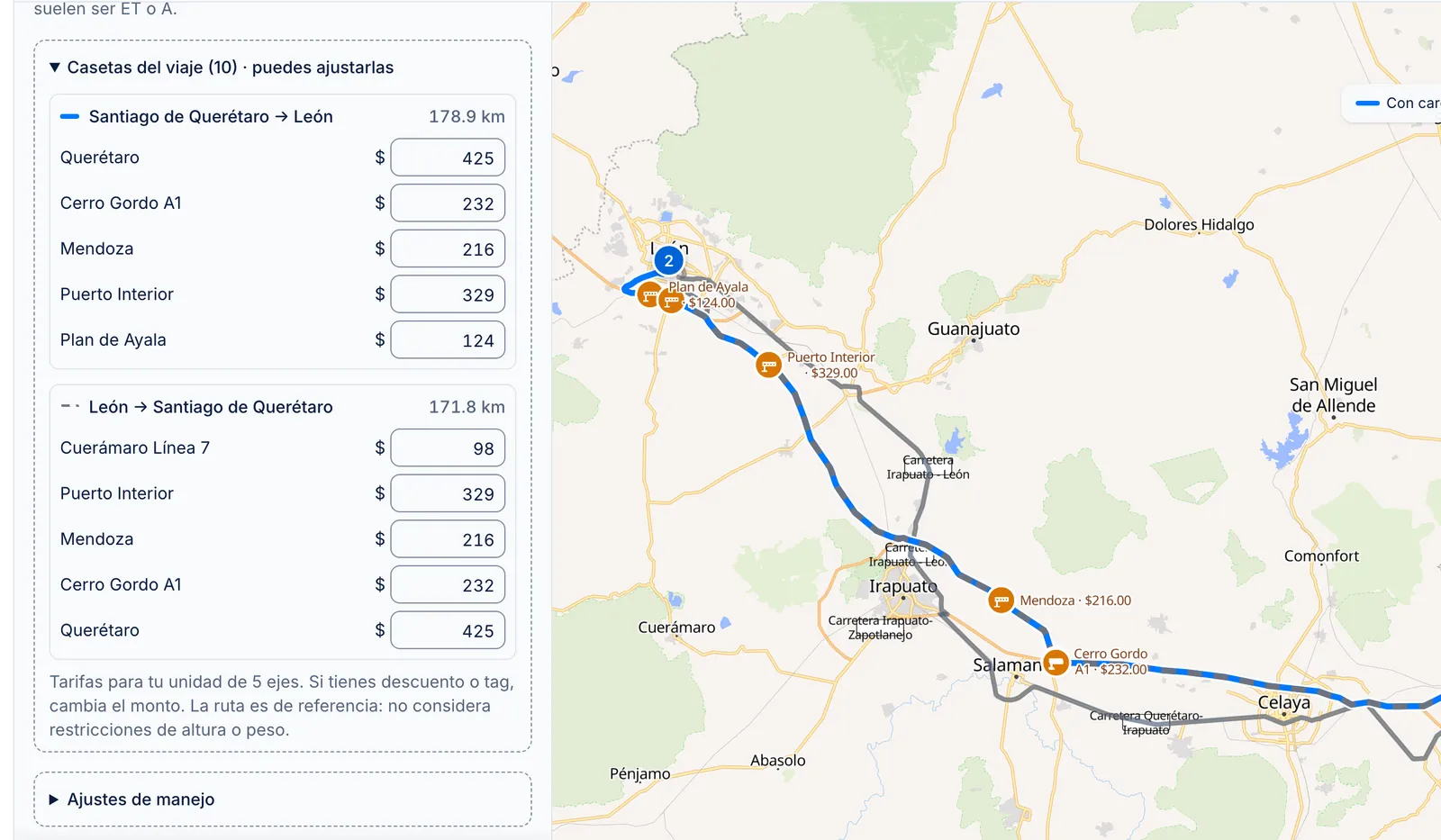 Cotizador con el mapa de Querétaro a León y la lista de casetas del viaje con su tarifa